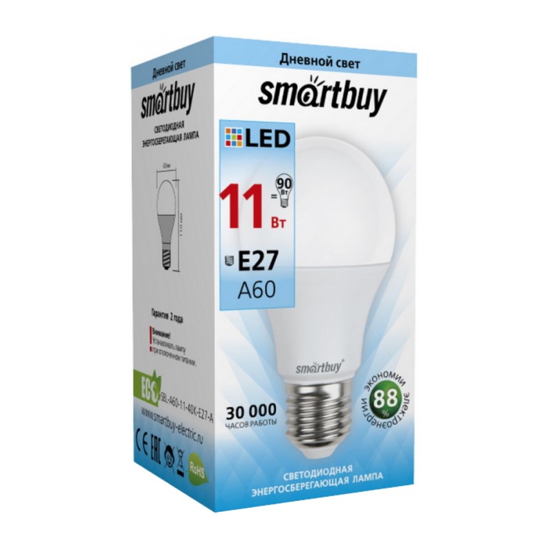 Лампа светодиодная Smartbuy LED E27, груша, 11Вт, 230В, 4000К, нейтральный свет