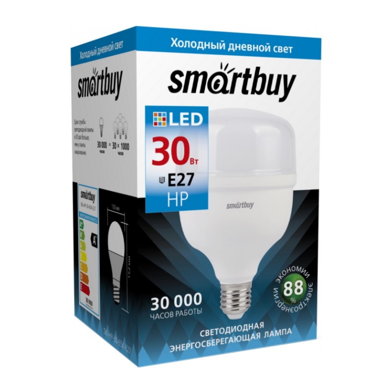 Лампа светодиодная Smartbuy LED E27, 30Вт, 230В, 6500К, холодный свет