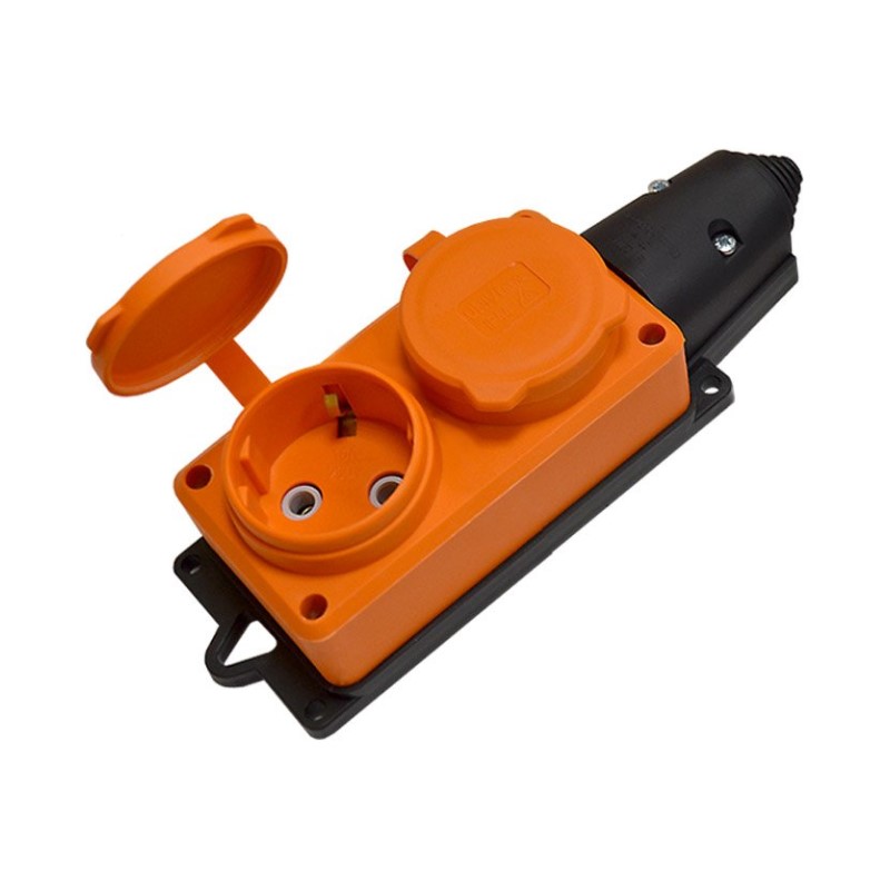 Розетка 2 гнезда, 2Р+РЕ, 16А, 230В, IP44, каучук, оранжевая