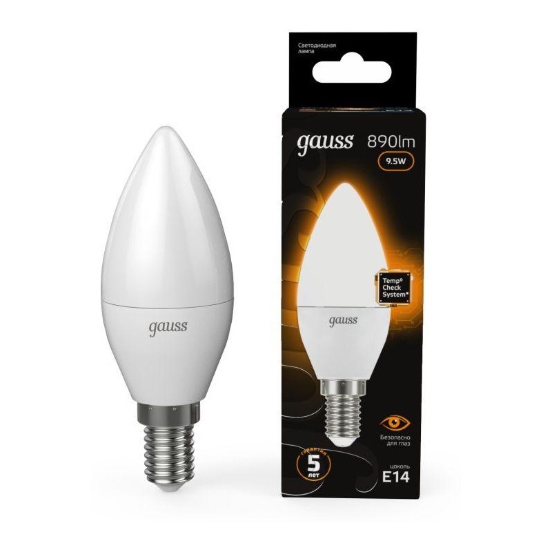 Лампа светодиодная Gauss Black LED E14, свеча, 9.5Вт, 3000К, теп.белый