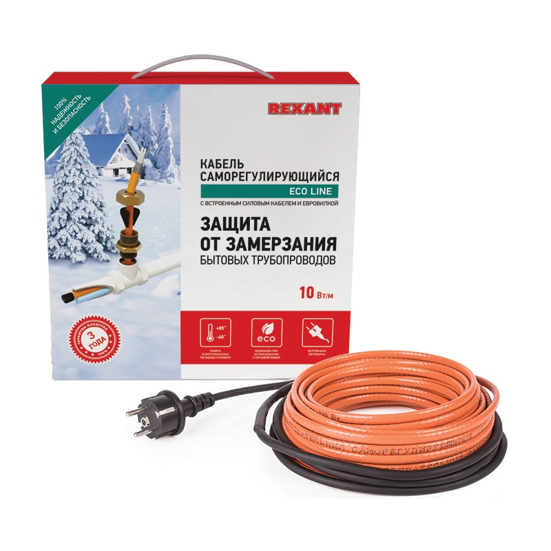 Кабель греющий саморегулирующийся Rexant SRP 10HTM2-CT, для установки в трубу, 10 Вт/м (6 м)