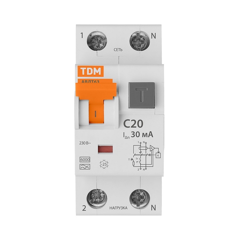 Автомат дифференциальный TDM АВДТ 63 6кА, С 20А, 30мА, тип А, 1P+N