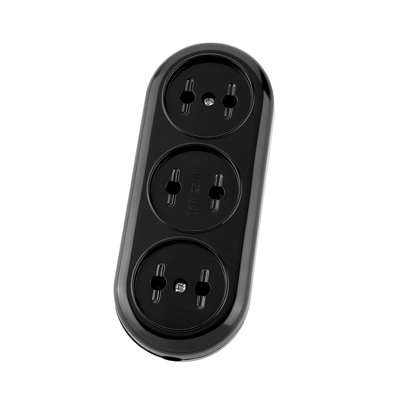 Колодка 3 гнезда Ретро, б/з, 16А, 230В, карболит, черная