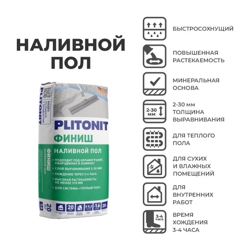 Наливной пол Plitonit Финиш на минеральной основе 2-30 мм, 20 кг