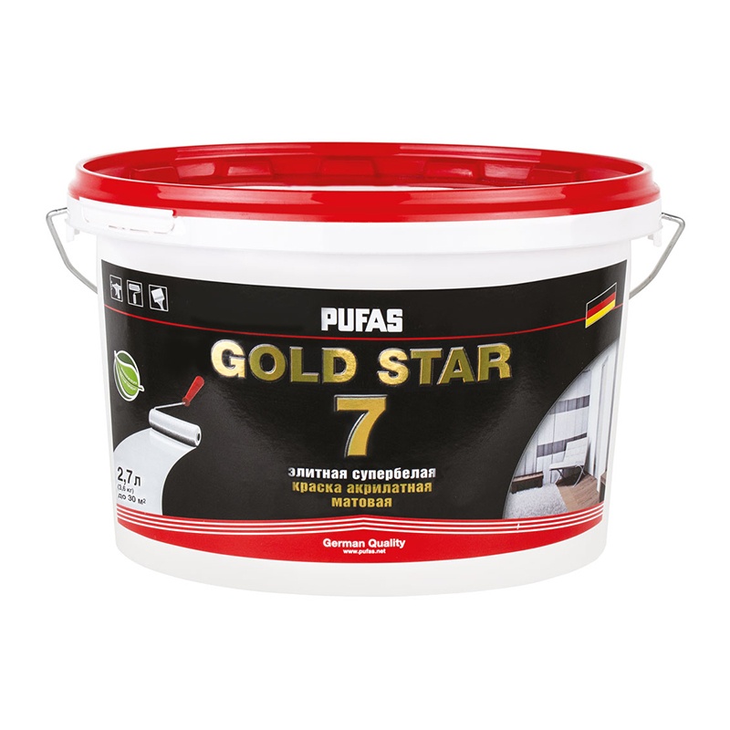 Краска акрилатная супербелая Pufas Gold Star 7 основа А матовая (2,7 л)