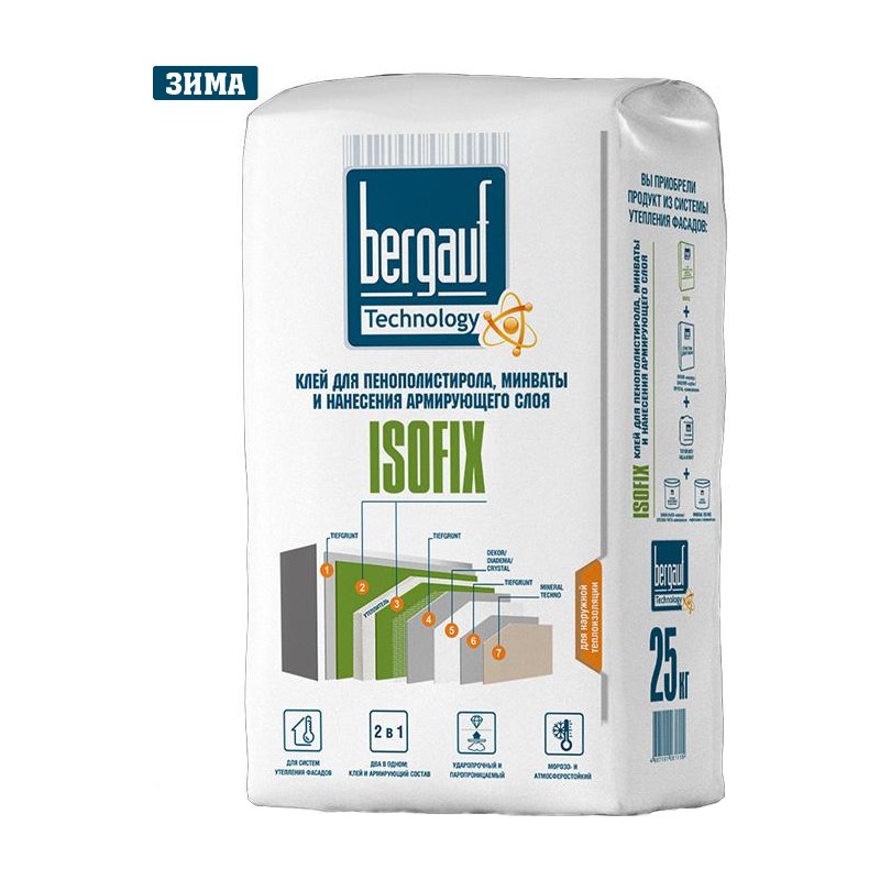 Клей для пенополистирола, минваты Bergauf Isofix зимний, 25 кг