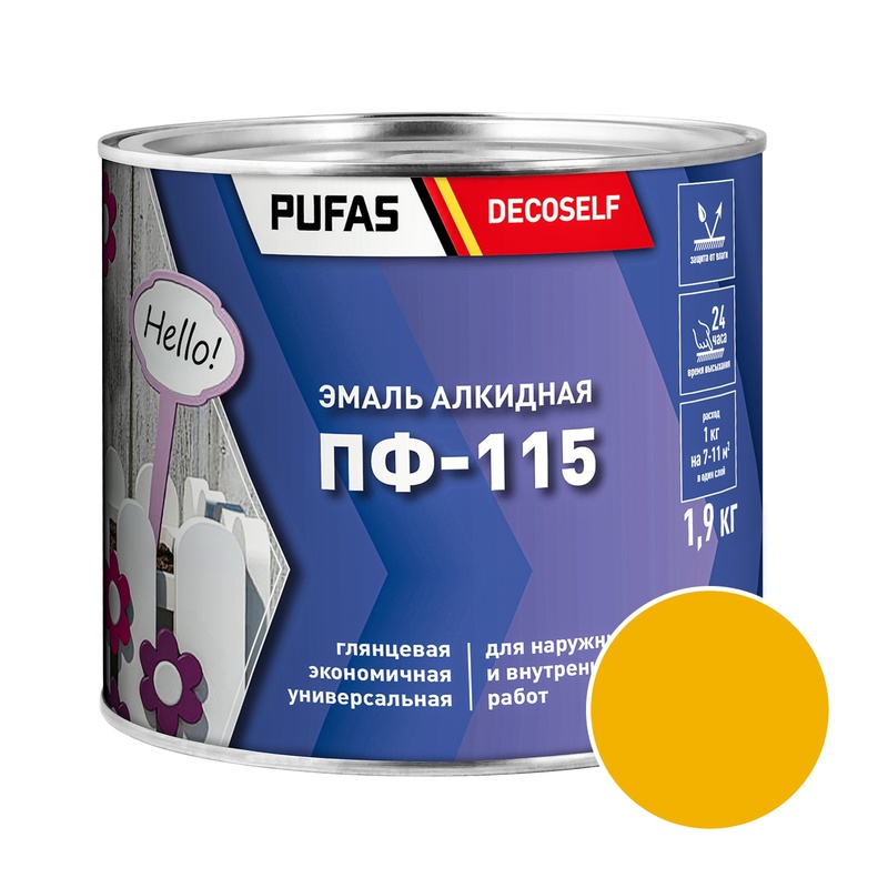 Эмаль Pufas Decoself ПФ-115 желтая (1,9 кг)